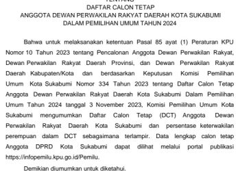 PENGUMUMAN, Ini Daftar Calon Tetap Anggota DPRD Kota Sukabumi Dalam Pemilu Tahun 2024