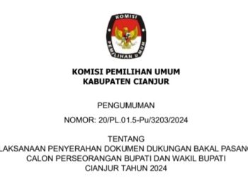 Pengumuman Penyerahan Dokumen Dukungan Bakal Pasangan Calon Bupati dan Wakil Bupati Cianjur 2024